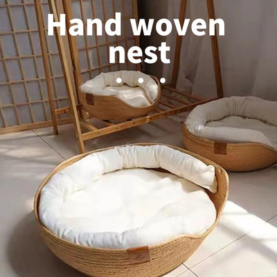 Hanpanda Summer Round Straw Weaving Dog Bed Pet Detachable Basket Deep Sleep Sofa Pet Kennel Hand Woven Nest Baskets For Dog&Cat